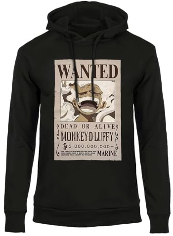 One Piece Sweat à Capuche Luffy Wanted Poster – Sweat Manga Officiel Homme et Femme, Coupe Regular en Coton pour Adulte et Adolescent XS