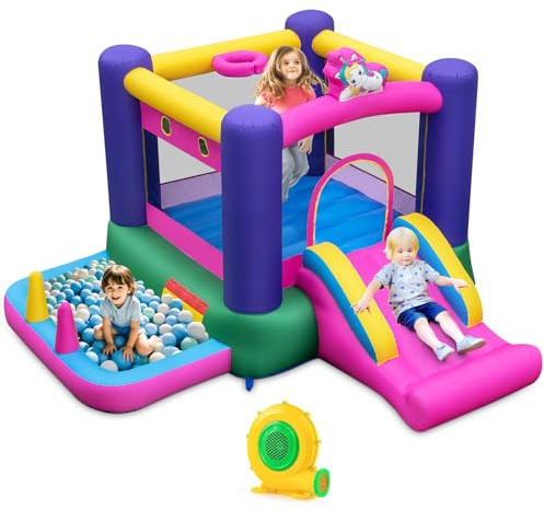 Maxmass Inflatable Bouncy House, Kids Bounce Castle with Slide, Ball Pit, Jumping House, Basketball Hoop, Inflatable Trampoline Blowup Castle for Indoor Outdoor (Unicorn Theme with 480W Blower)