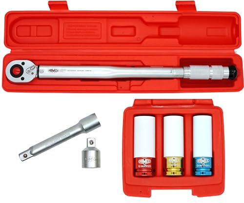 FAMEX 10886-3N Drehmomentschlüssel Set 1/2 (12,5mm) - 30-210 Nm mit Stecknüsse aus robusten Chrom-Molybdän-Stahl, Kalibrierschein, geprüft, Verlängerung, Adapter