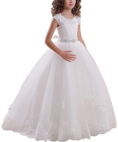 Abaowedding First Communion Dresses Flower Girl Dress Lace Up Communion Dress Ball Gown Girl Dress (White Sash US8)