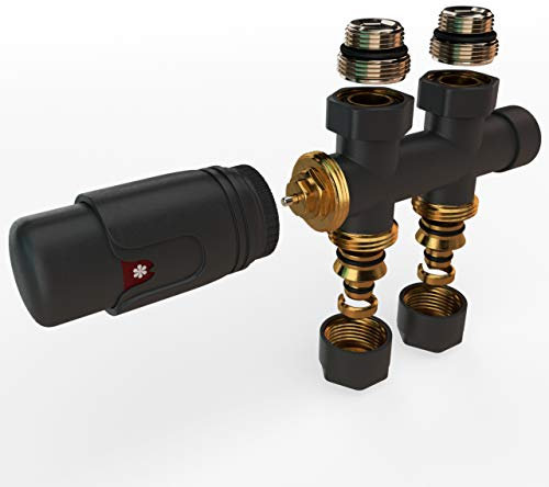 Design Multiblock für Heizkörper – Mittelanschluss-Set in Durchgangsform Anthrazit mit 50 mm Nabenabstand – Hahnblock, Thermostatventil, Anschlussarmatur für Kunststoff- und Kupferrohre