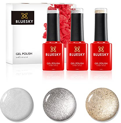 Bluesky Gel Nail Polish Set, Metallic Sheen, Silver Vip 80535, Silver Glitter A018, Goldfish A034, 3 x 5 ml, (Requires Curing Under UV or LED Lamp)