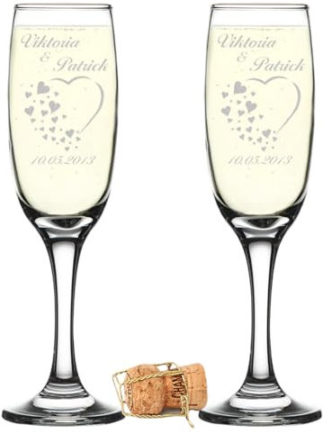 2er Set Sektgläser mit Gravur - Hochzeitsgeschenke für Brautpaare - Gläser für Sekt mit Personalisierung - Geschenkidee zur Hochzeit, Hochzeitsgläser für Paare - Herz mit vielen kleinen Herzen