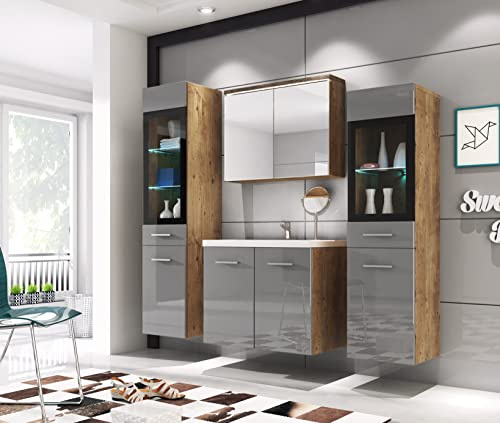 PIASKI Conjunto de Muebles de baño Udine, Lavabo Incluido, Juego de Muebles de baño, Armario Alto, Mueble de Lavabo, Espejo, Armario acristalado, sifón y lavaboincluido (Castaño/Gris Brillo LED)