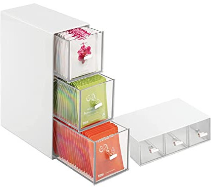 Teebox mit 3 Schubladen, Teeboxen für Teebeutel, Küchen Organizer, Kühlschrank Organizer, Teebeutelboxen aus Kunststoff, Schminktisch Organizer, Aufbewahrungsbox für Teebeutel, Kaffeepads, Zucker usw