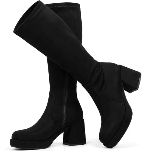 LanreyTaley Women Black Knee High Boots Tall Boots Platform Chunky Heel Suede Dress Boots Side Zipper Stretch Boots Size 38