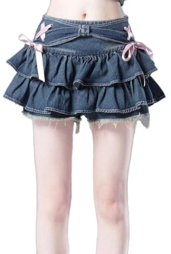 Y2K - Minifalda Plisada de Mezclilla con Dobladillo con Volantes para Mujer, Traje Superior de Mezclilla, Falda, M