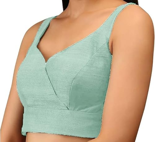 Fashnkart Women's Stitched Saree Blouse Indian Women Dupion Silk Top Readymade Bollywood Sari Choli V-Neck Line, Sleeveless, Side Open with Zipper