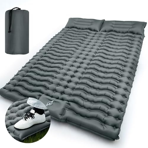 LAMA Double Matelas Isolant de Camping Gonflable pour 2 Personnes 200 * 140 * 10 cm Tapis de Couchage Ultra léger avec Pompe à air Coussin Presse à Pieds pour Camping, randonnée, Tente, Plage, Gris
