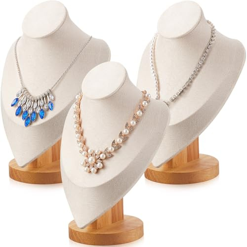 Juexica 3 Pcs Necklace Display Stand Bamboo Jewelry Bust Display Stands Beige Bust for Selling for Vendors Trade Organizer(9.3 x 6.1 Inches)