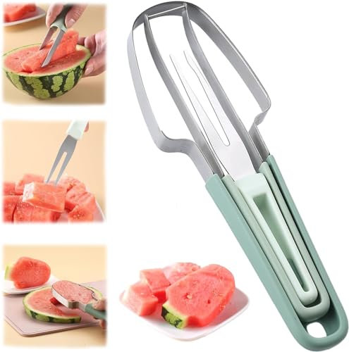 Coupe Pastèque 3 en 1 en Acier Inoxydable, Watermelon Coupe Pastèque Slicer Cutter, Trancheuse à Pastèque Outil Couteau Fruits pour Maison, Cuisine, Camping (Vert, 1 Pièce)