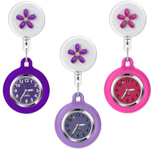 3Pack Retractable Nurse Watch for Nurses Doctors Cute Flowers Clip-on Hanging Lapel Nurse Watch with Second Hand,Silicone Cover Brooch Fob Pocket Watch Badge Reel (Purple＆Light Purple＆Rose Red)
