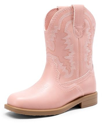 DREAM PAIRS Botas vaqueras para niños y niñas, botas vaqueras occidentales con punta cuadrada para montar a media pantorrilla, Rosa, 12 Little Kid