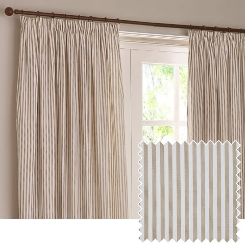 furn. Yard Hebden Pencil Pleat Curtain Pair – Ultra Soft Cotton Lined Striped Curtains (Natural - 168x229cm)