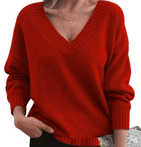Jersey Cuello V Mujer Jerséis Mujer Pullover Sweater Women Sueter Punto Mujer Manga Larga Invierno Primavera Jerseys Mujeres Jersey de Cuello Pico Oversize Punto Señora Suéter Tejido para Mujer Rojo M