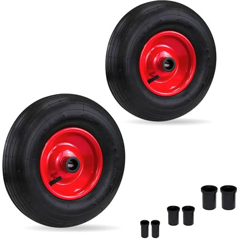 Crystals 14/35cm PU Wheelbarrow Wheels 4.00-6 – Heavy Duty Puncture-Proof Tyres Replacement Set for Garden Trolley, Barrow, Sack Truck, Go Cart, Trailer – Black/Red – (Set of 2)