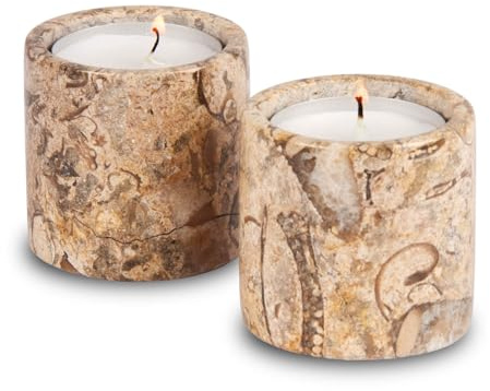 Juego de 2 portavelas de mármol Fossilstone, diseño de cilindro de 5 cm para decoración del hogar, regalos y mesas