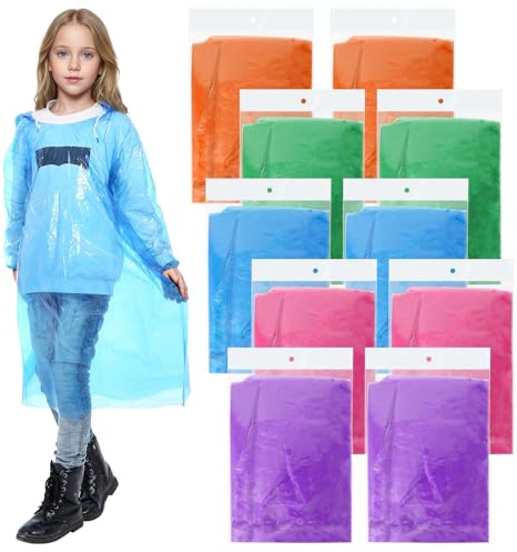 ZOCONE 10 Pack Rain Poncho Disposable Kids Waterproof Rain Cape for Children Boys Girls, Portable Disposable Raincoat Rain Cover Kids Emergency Ponchos for Travel Festivals Rainy Season, 5 Colors