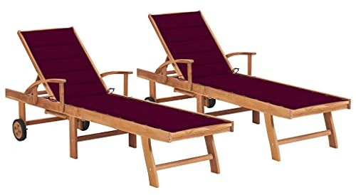 HaoChrymec Transat Jardin Extérieur, 2 Pièces en Bois de Teck Massif, Dossier Réglable 4 Positions avec Coussin, roulettes de Transport, Bains de Soleil Confortables,Rouge Vin, 195 x 59.5 cm