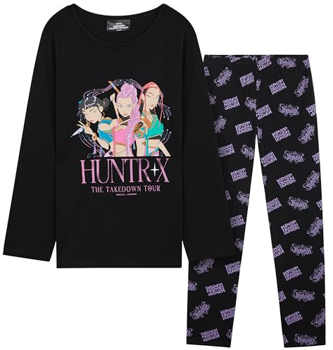 KPop Demon Hunters Officiel Huntrix Pyjama Fille & Ado 5-14 Ans, Haut Doux et Pantalon Long Ensemble (11-12 Ans, Noir Huntrix AOP)