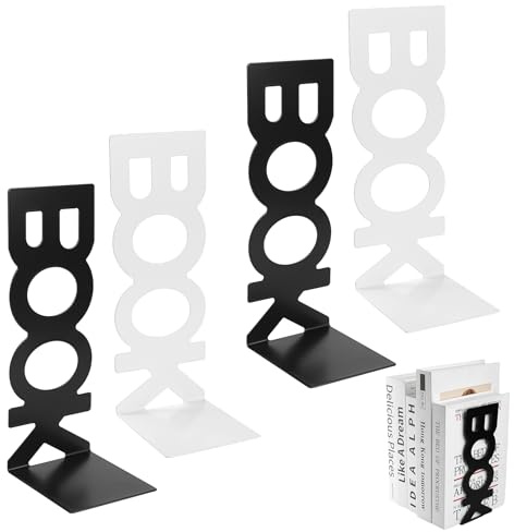 2 Paires/4 PcsSerre Livres, Cale Livre Bibliothèque Decoratif, Serre-Livres pour étagère, Serre Livre Original Lettres, Supports Bookends Blancs et Noirs pour étagères, Bureau, bibliothèque