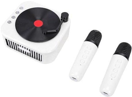 YUEHISY Mini Machine de karaoké Rétro, Enceinte Bluetooth Portable avec 2 Micros sans Fil, Son HiFi et 4 Modificateurs de Voix, 5 H D'autonomie pour Enfants et Adultes, Idéale (White)