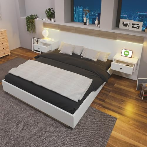 KOMHTOM Lit Double avec 2 Tables de Nuit, Lit Moderne Multifonctionnel en Bois avec Ports de Recharge USB et Type-C et Éclairage LED, Chambre à Coucher Complète(sans Matelas) (Blanc+Chêne 140x200cm)