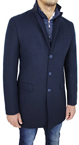 Cappotto Giacca Uomo Sartoriale in Lana Blu Scuro Casual Elegante Giaccone Invernale (XL)