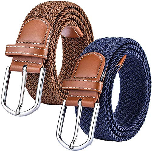 Chalier 2 Pack Damen Elastischer Stoffgürtel Geflochtener Stretchgürtel Dehnbarer Gürtel, Brown & Navy, Einheitsgröße
