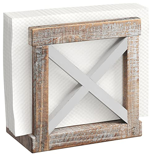 Barnyard Designs Farmhouse Napkin Holder for Table - Vintage Rustic Distressed Wooden Napkin Holder Dispenser for Kitchen, 5.5 x 5.5 (White/Brown)