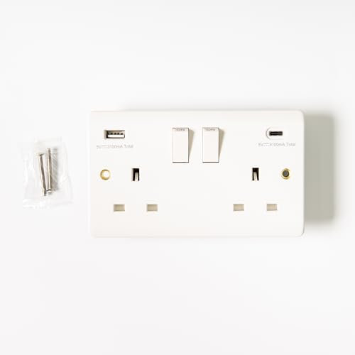 Body-Plus Double Plug USB Socket - 13A with 2 USB Fast Charging Port - 2 Gang Dual Switched Plug Wall Sockets with 3.1Amp Outlets Ports Compatible with iPad, iPhone Tablet Mobile