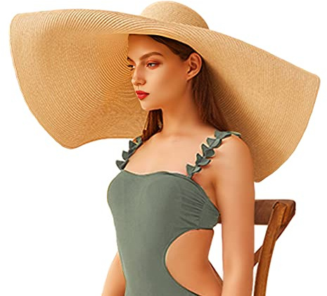 Oversized Beach Straw Hats for Women Floppy, Extra Large Sun Visor Hat Wide Brim Summer Packable Huge Roll Up Big Beach Hat for Women Foldable, Khaki