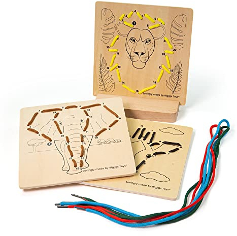 Bigjigs Toys, Lacing by Numbers - Jungle, Wooden Toys, Lacing Toy, Threading Toys, Wooden Threading Toys, Threading Toys for 3 Year Olds, Toddler Toys, Fine Motor Skills Toys