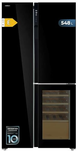 Cecotec Frigorifero Combi Bolero CoolMarket TDW 548 Black Glass E. 436L, Vinoteca, Compressore Inverter Plus, Total No Frost, Metal Cooling, Fast Cooling, Fast Freezing, Classe E, Multi Airflow