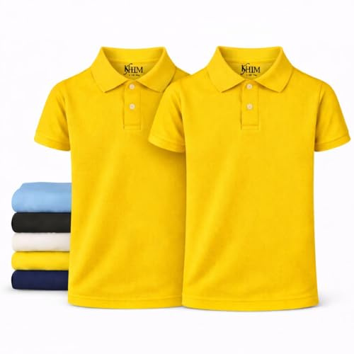 KHIM Unisex Polo Short Sleeve Polycotton Boys Girls School Uniform Plain Half Sleeve Shirts Sports Wear Indoor Outdoor (UK, Age, 13 Years, 14 Years, Regular, Yellow 2 Pack)