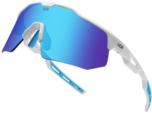 ULTR Sportbrille AERO, Sonnenbrille für Herren & Damen, TR90 Rahmen, für Sport wie Radfahren MTB Sportsonnenbrille Radbrille Sportbrille Fahren Angeln Baseball Laufen (Weiß (Blaues Glas))