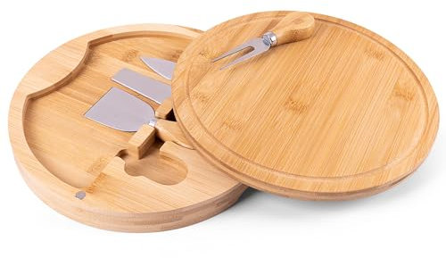 Vencier Bamboo Cheese Board Set with 4 Cheese Knives - Perfect for Gifts, Picnics, and Parties! (Round)