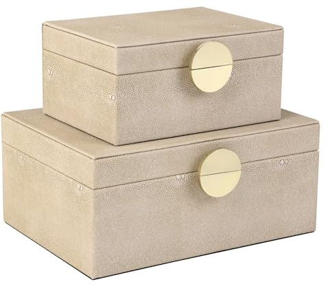 HofferRuffer Faux Leather Jewelry Boxes, Decorative Boxes Storage Accessory Organizer with Gold Hardware Decor, Classic Vegan Leather Set of 2 Pieces (Light Grey)