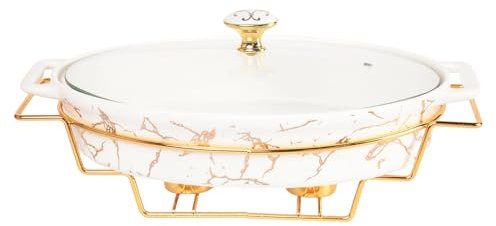 jinsongdafa Porcelain Oval Casserole Baking Dish with Glass Lid and rack,1300 ML Serving Soup Tureen,Chafing Dish for Buffet, food preserve Tray, Catering Casserole for Party Style
