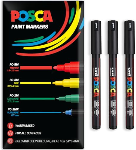 Posca Water Based Acrylic Paint Marker Pens | Multi Surface Use Permanent Paint Pen | Pack of 3 Pens in Envelope Gift Packaging | Glass, Fabric, Canvas, Wood etc | PC-1MR, Black