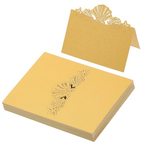 PATIKIL 50 tarjetas de lugar de boda, cortadas con láser, tarjetas de mesa con temática de playa, tarjetas plegadas, tarjetas de nombre para mesa, boda, recepción, bufé, tono dorado