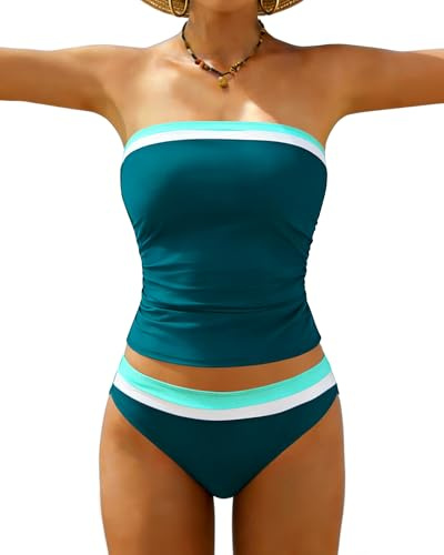 Jolefille Tankini Swimsuits for Women Two Piece Strapless Bandeau Bathing Suits Tops Full Coverage Modest Swim Suits 2026 Peacock Green