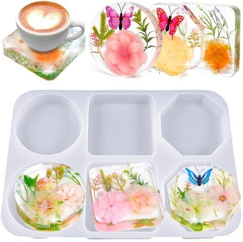 Moldes Resina Posavasos,DIY Moldes de Silicona para Resina Epoxi,6 Cavidad Moldes para Manualidades de Resina,Molde de Silicona Cuadrado Redondo Octogonal,Arte DIY para la conservación de Flores