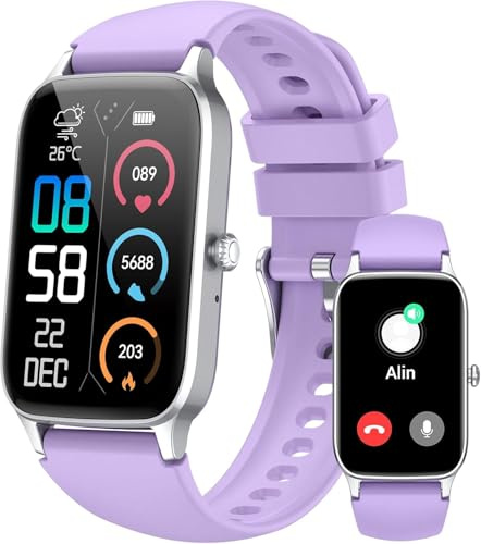 Smartwatch Damen Herren, 1,57HD Fitnessuhr mit Telefonfunktion, New FitnessTracker 110+ Sportmodi, Sportuhr mit SpO2, Herzfrequenz Schlafmonitor Schrittzähler, IP68 Wasserdicht für Android iOS Lila