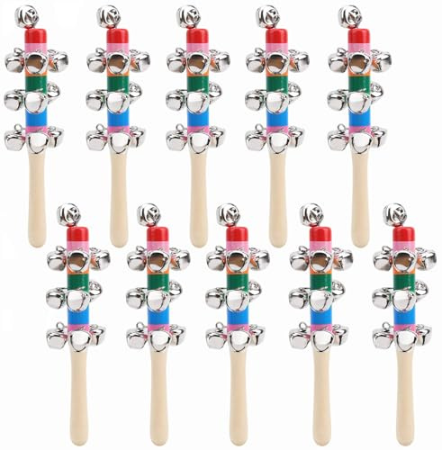 10pcs Wooden Jingle Bell Stick, ZODKSNO 18cm Hand Sleigh Bells Stick Shaker Jingle Bells Instrument for Christmas Party Performance