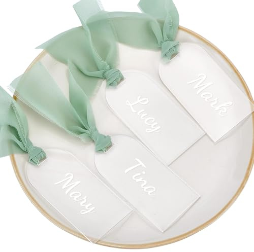 CRAFTYMELODY 20 piezas de tarjetas de mesa de acrílico transparente para configuración de mesa, tarjetas de nombre en blanco con 2 rollos de cintas de poliéster verde deshilachado, etiquetas de nombre