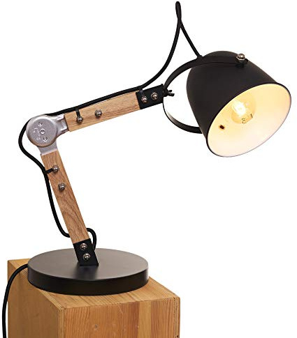 Opis TL1 : Vintage Style Tischlampe als klassische Nachttischlampe oder Industrial Retro Schreibtischlampe aus massiven Holz und Metall-teilen in Schwarz