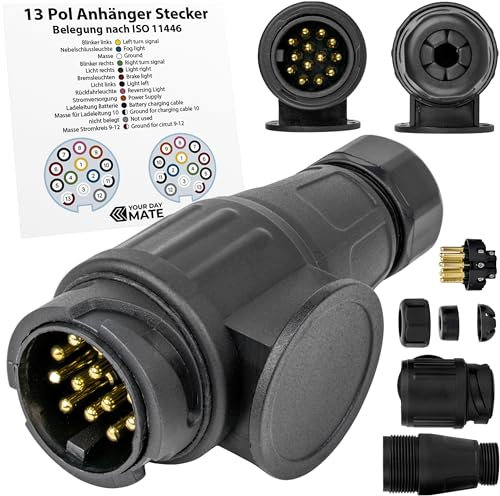 13 poliger Anhänger Stecker, 1 Pack, 13pin Stecker nach ISO 11446 genormt, AHK Verbinder 12V System, 13 Pin Hänger Adapter mit Doppel-Dichtung, 13pol Anhängerstecker für 13 pol Steckdose, 7-13 Adapter