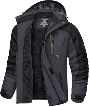 KEFITEVD Übergangsjacke Herren Winter Warme Wanderjacke Wasserdicht Outdoor Jacke Jagdjacke Viele Taschen Herrenjacke mit Kapuze Trekkingjacke Grau-Schwarz L