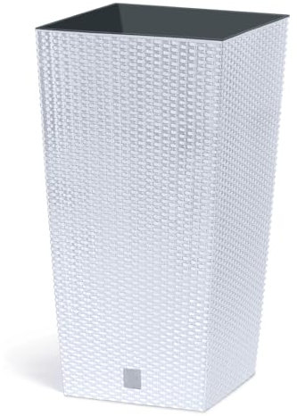 IMJ-Global Vaso Fioriera per piante Fiori DRTS Grande H61 Simil Rattan da interno esterno Quadrato Alto Bianco 49 Litri 32,5x32,5x61 cm design Moderno in plastica da balcone